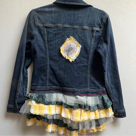 Caslon Denim Jean Jacket Patchwork Tulle Layered Skirt Boho Upcycled Sz S - Picture 2 of 9